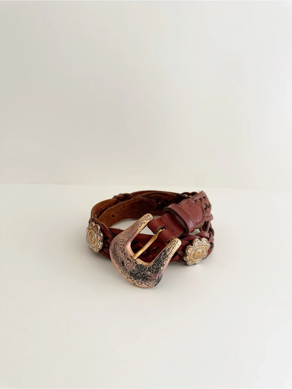 Fossil vintage brown leather braided western style silver accent belt